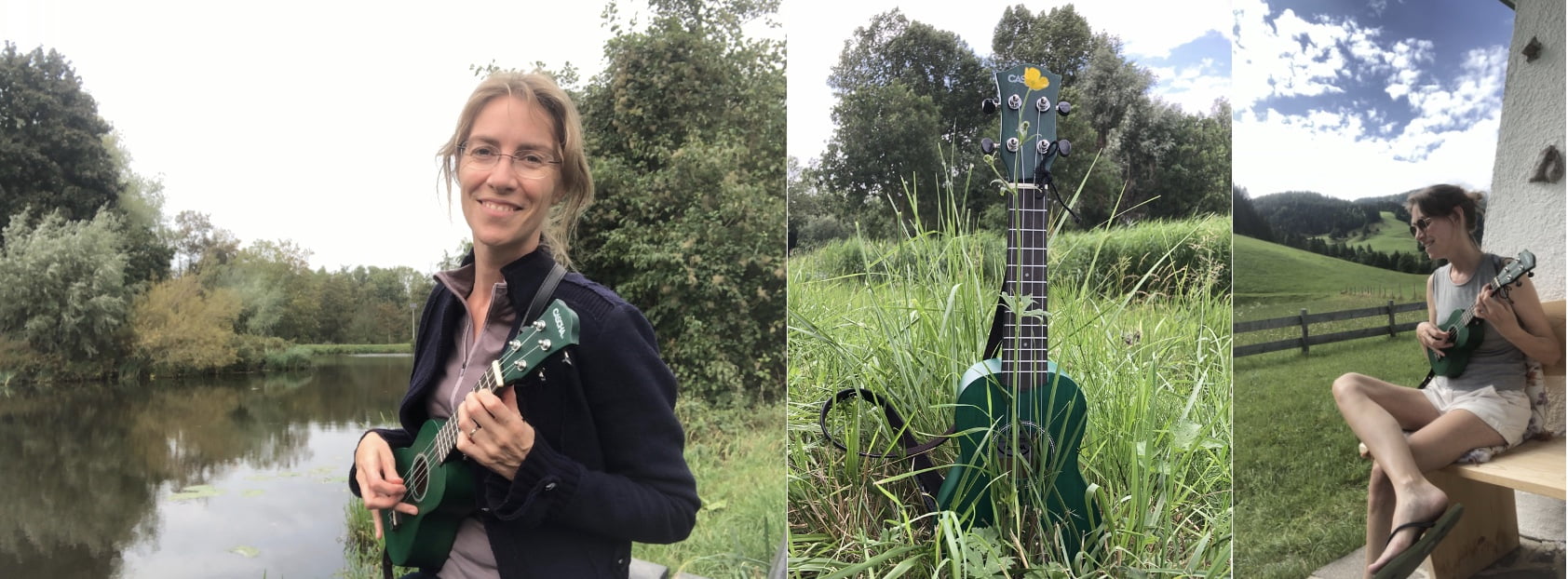 Saskia, een vrouw, houdt een groene ukelele vast voor een meer.