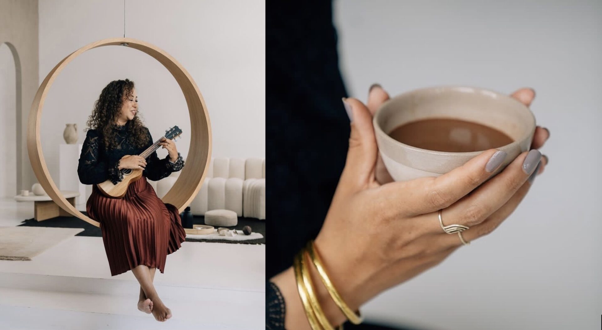 Twee afbeeldingen van een vrouw met een kopje koffie en een ukelele.