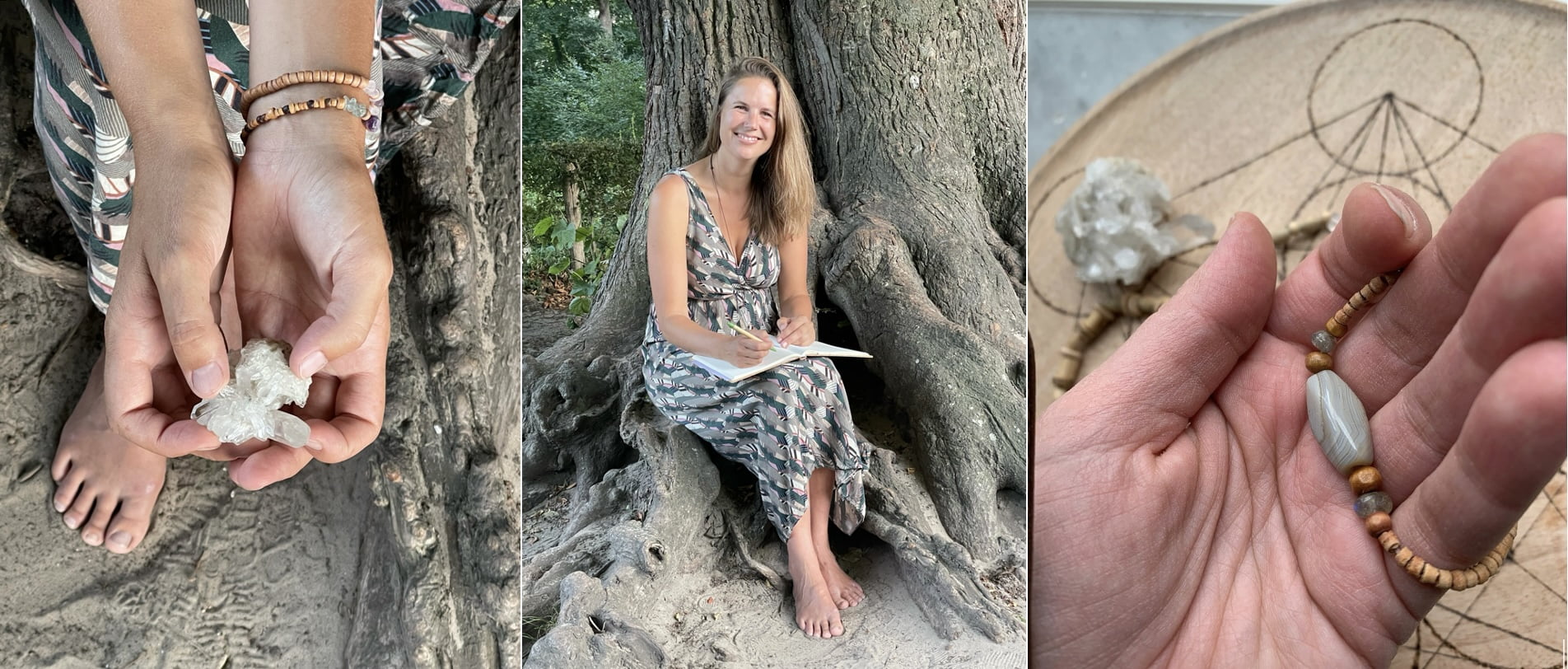 Vier foto's van een vrouw, Rosie de Haas, zittend naast een boom en met een boek in haar hand.