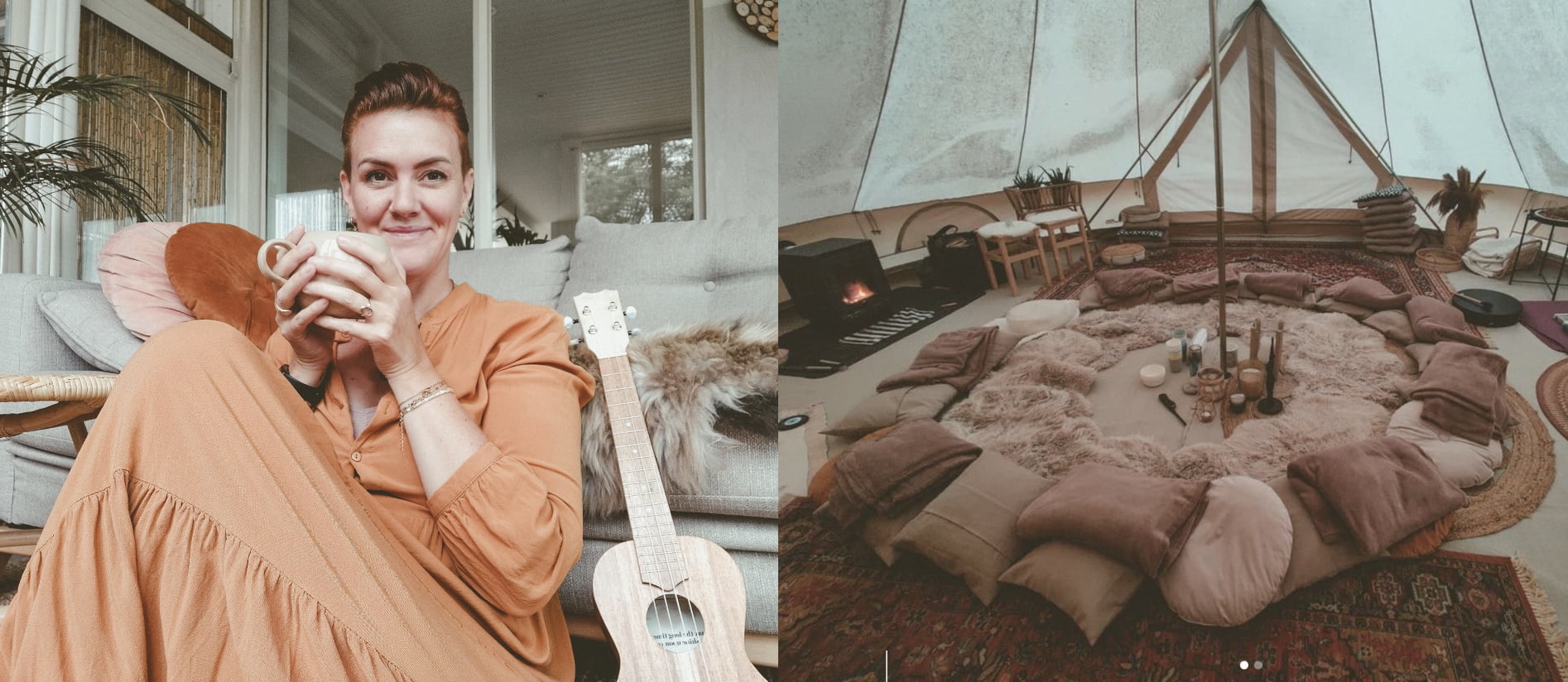 Twee foto's van een vrouw, Leen Verdonck, zittend in een tipi.